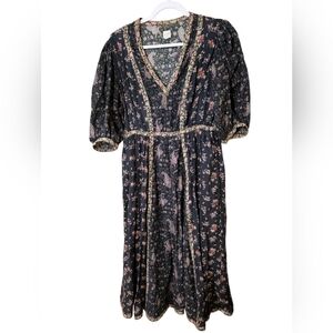 Rebecca Taylor Black Floral Midi Dress with Pink and Cream Trim Large
